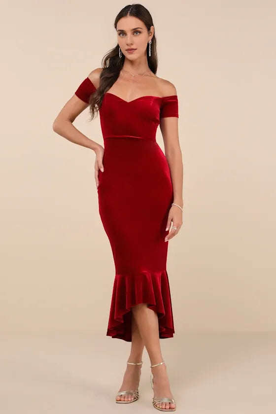 Vestidos formales Weitese para mujer, de terciopelo rojo vino, con hombros descubiertos y largo medio, para fiesta de graduación. Tiendas de vestidos de graduación.